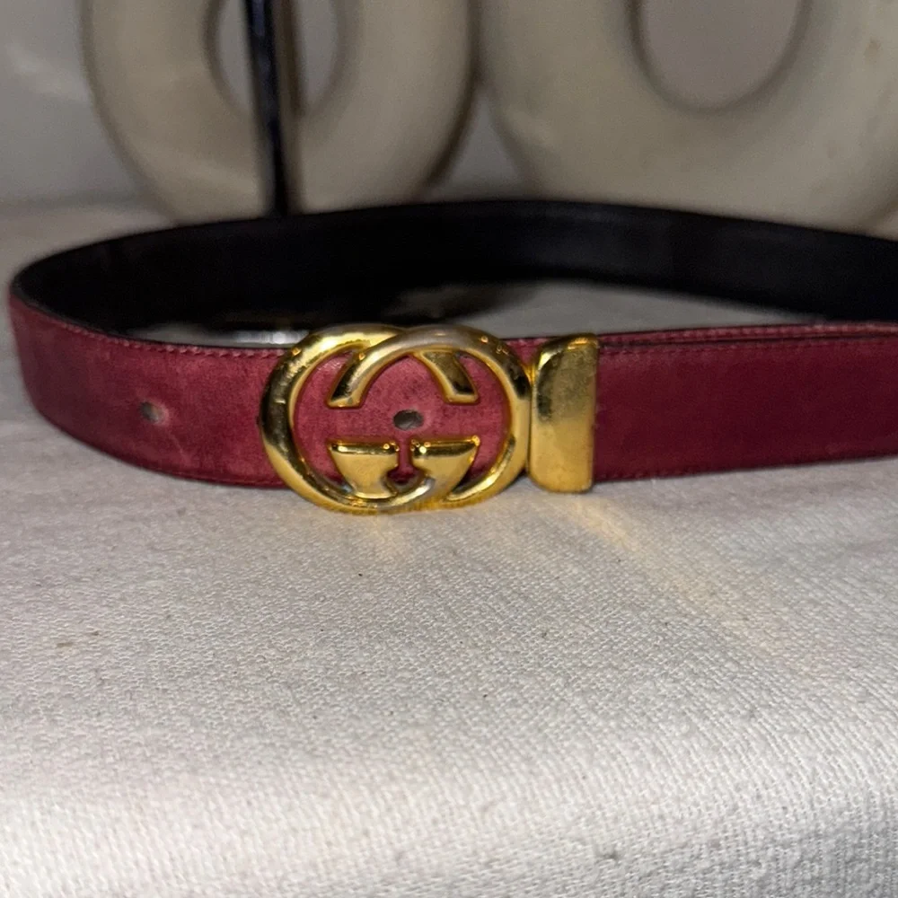 Authentic Gucci Burgundy Leather Belt with Gold Buckle